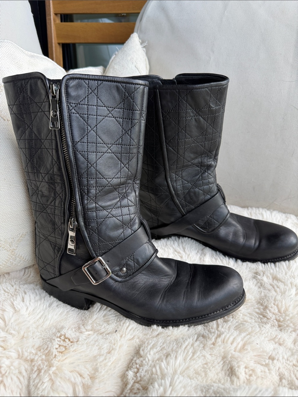 Dior Quilted Leather Moto Boots Black Mid-Calf EU 40